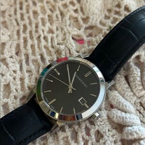 Burberry Swiss Made Watch BU9009 Black Dial Date Leather Strap Needs Battery